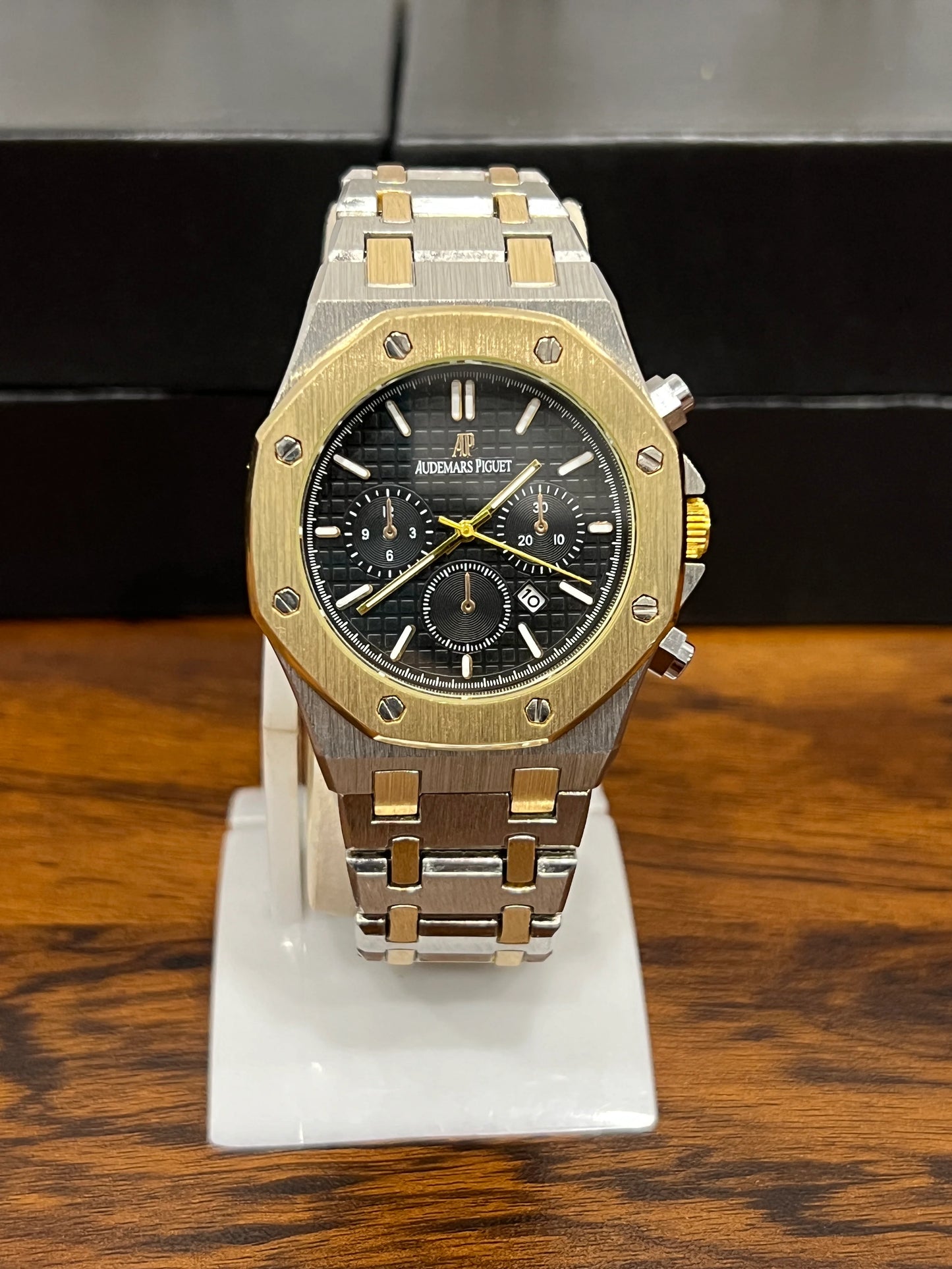 A.P Royal Oak Black Chrono - Silver & Gold Chain