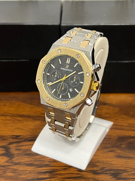 A.P Royal Oak Black Chrono - Silver & Gold Chain